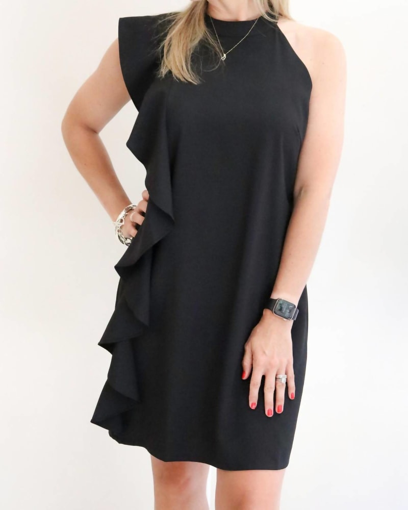 Front of a model wearing a size X-Large One Sleeve Ruffle Dress in Black in Black by Jade. | dia_product_style_image_id:336059